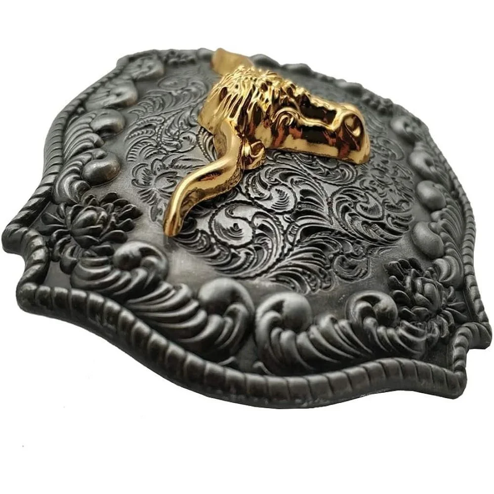 4x3 inch Mens Metal Long Horns Black Golden Texas Belt Buckles